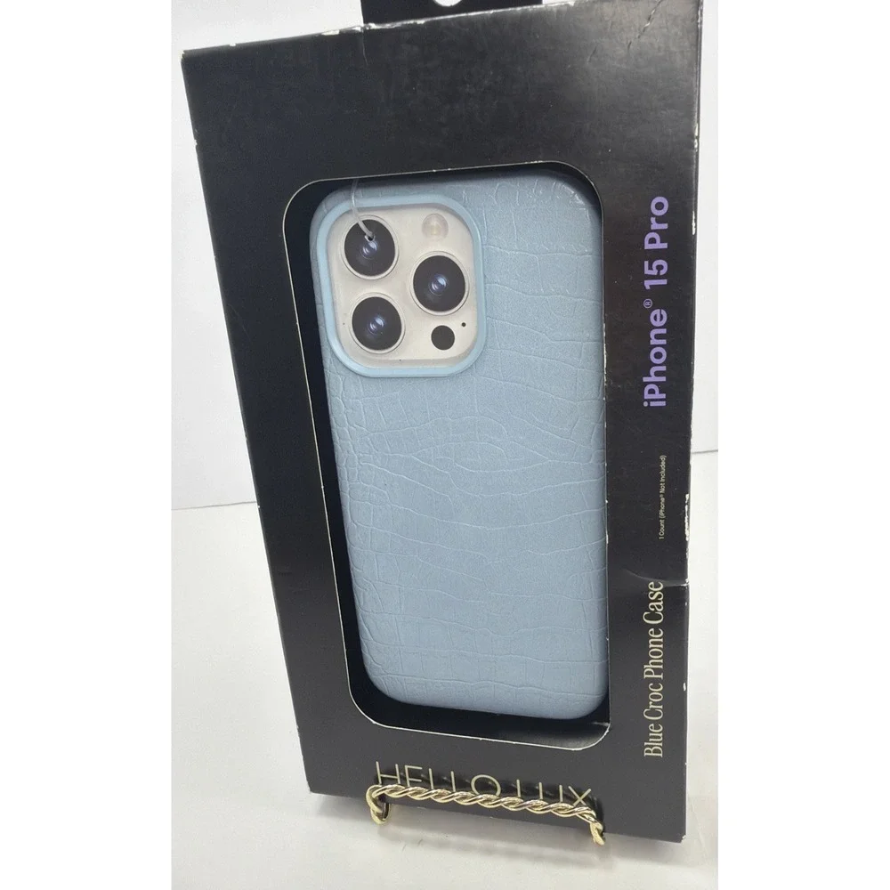 Hello Lux Blue Croc iPhone 15 Pro Case Faux Leather Protective Cover New
